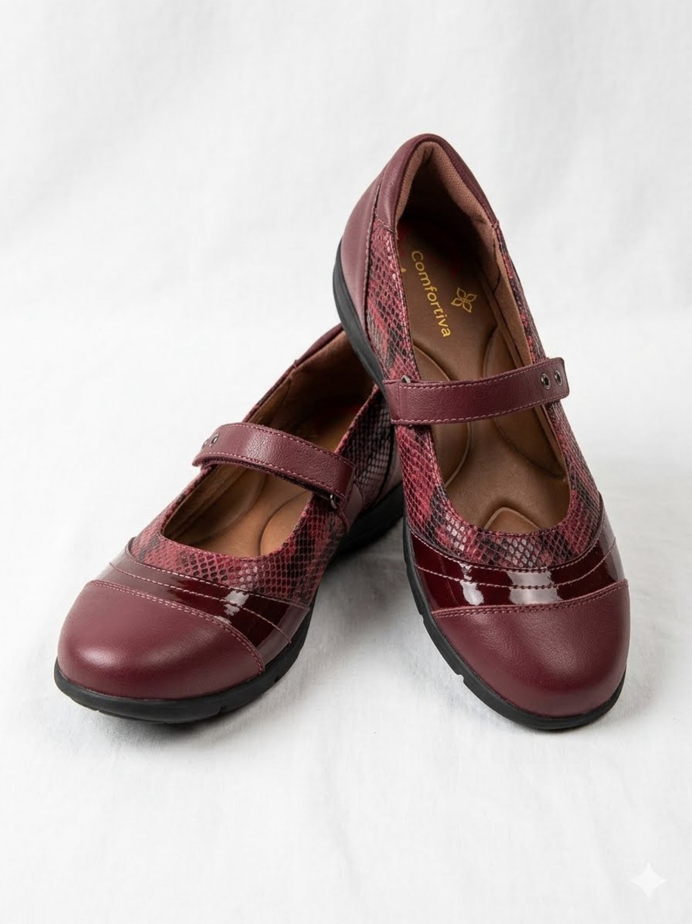 Comfortiva Burgundy Mary Jane Flats with Snakeskin Detail